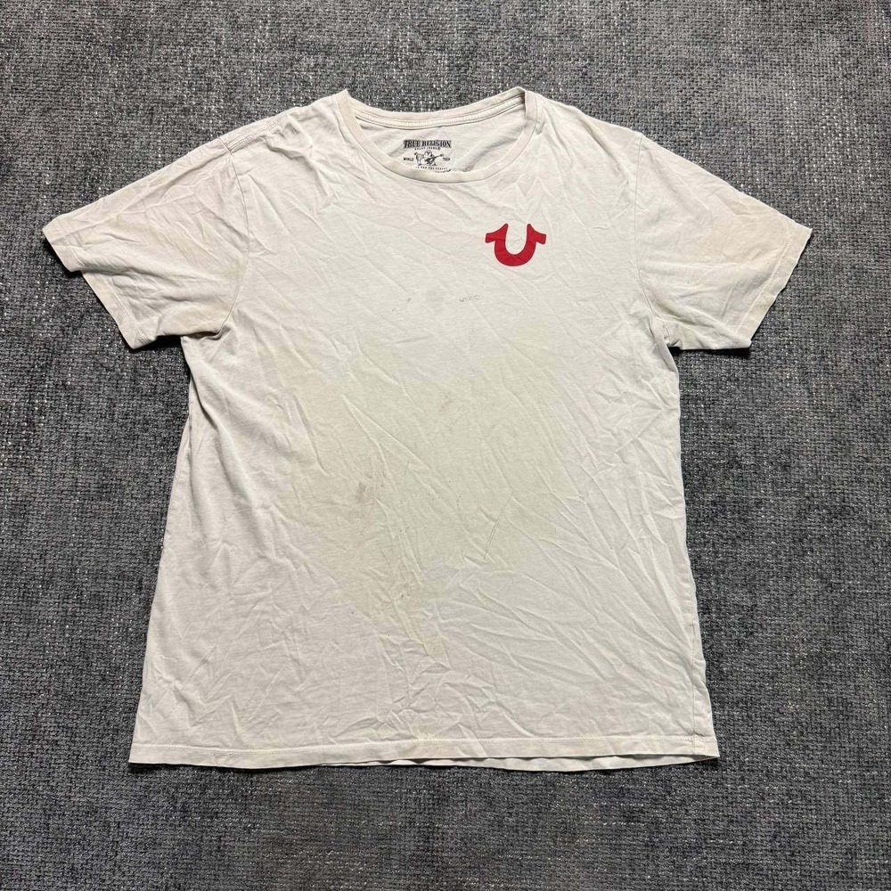 True Religion‎ Graphic Tee Mens Large Cream Y2K Horseshoe Logo Back Print 0598